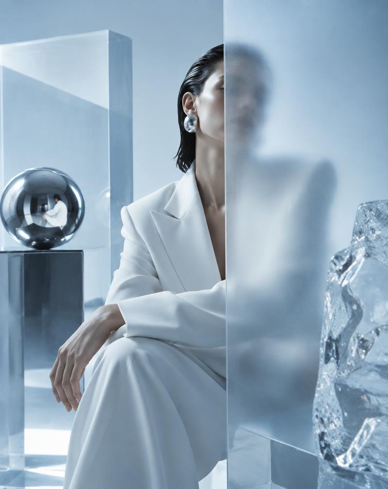 Editorial campaign scene with frosted glass and silver objects